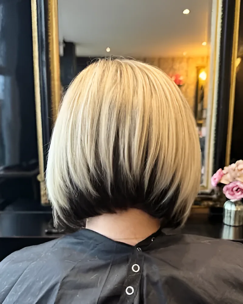 Chin-length graduated bob, pale blonde over a dark underlayer at the nape, seen from behind