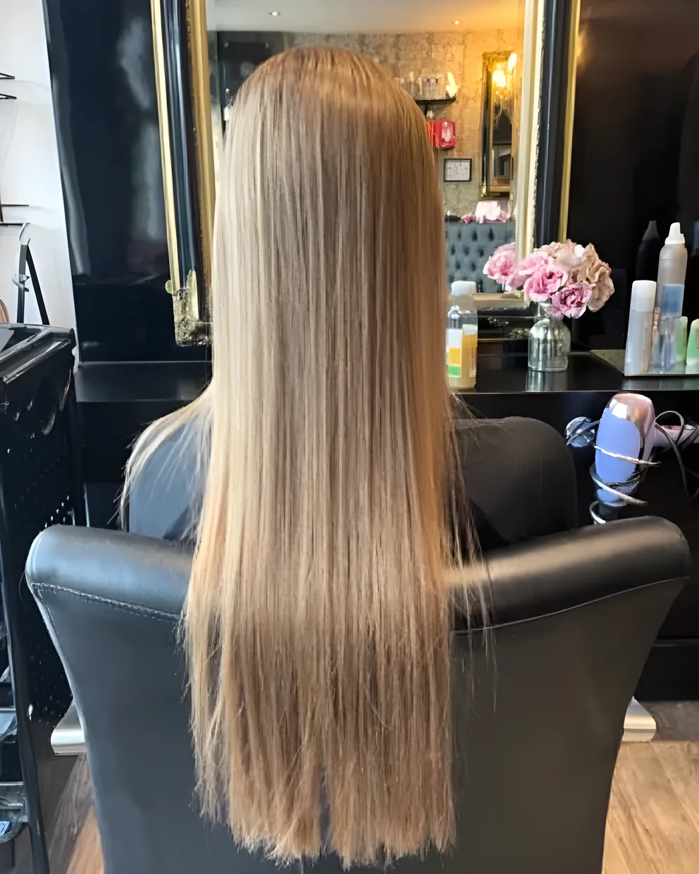 Very long, straight dark-blonde hair, lighter towards the ends, seen from behind in the salon chair