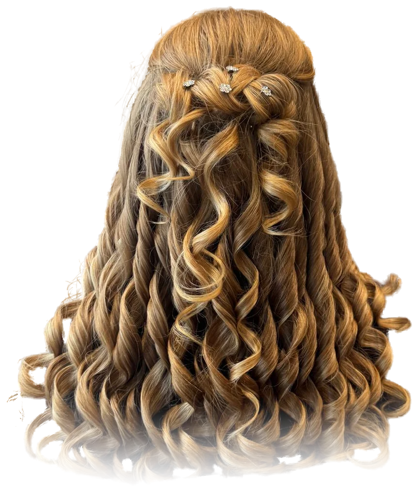 Long golden-brown hair, half pinned back with small jewelled pins and curled into ringlets