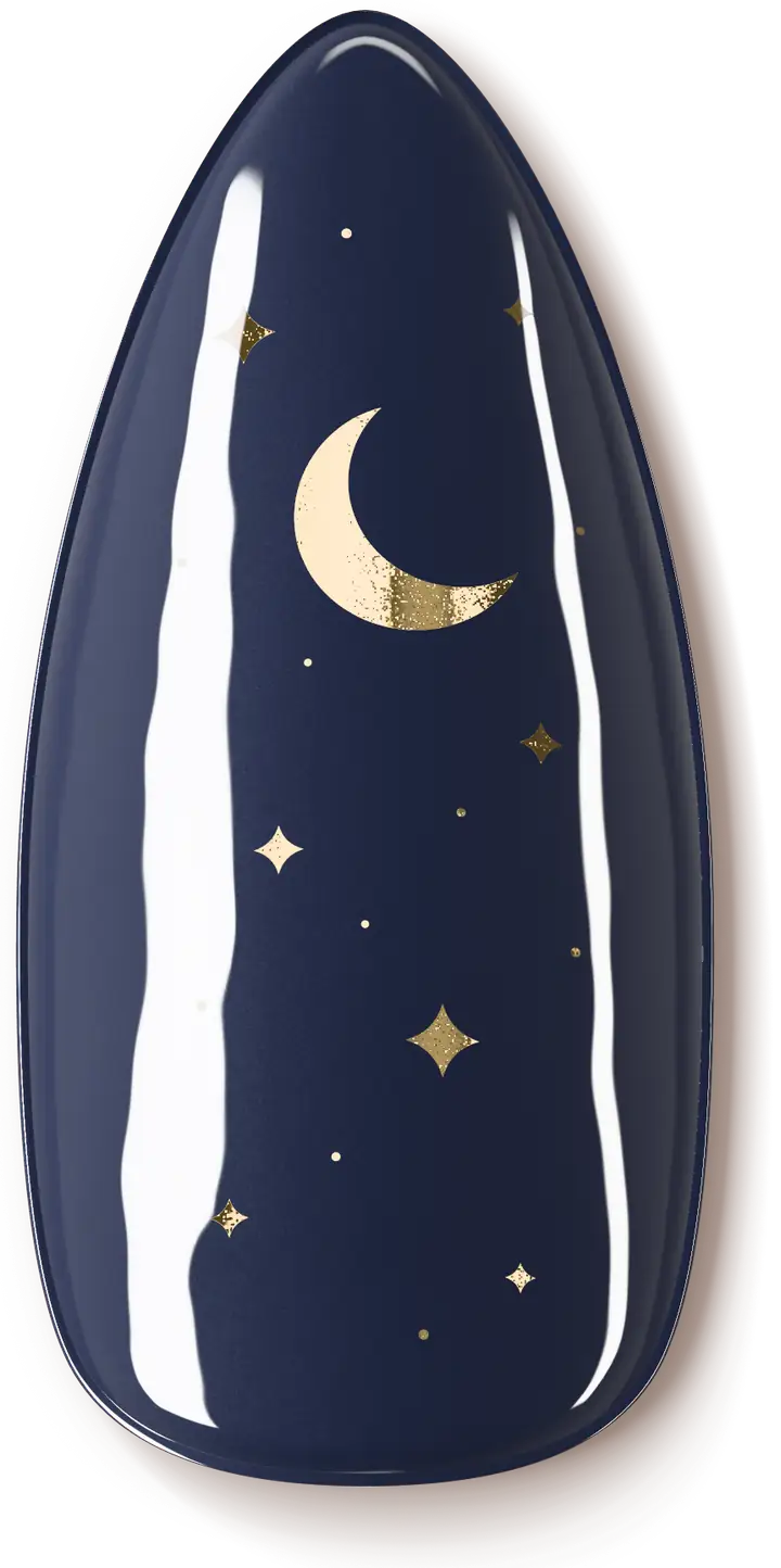 Illustration of the Celestial nail art design: a gold moon and tiny stars on deep midnight blue.