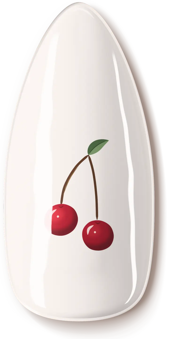Illustration of the Cherries nail art design: glossy hand-painted cherries on a milky base.