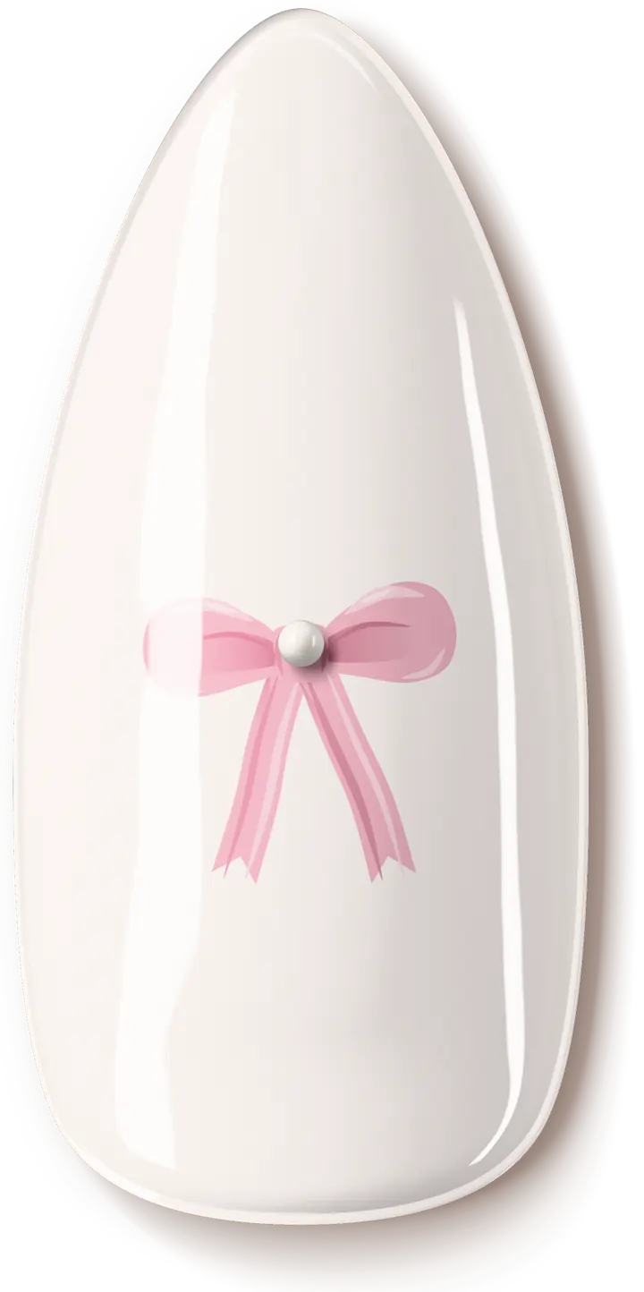 Illustration of the Coquette Bow nail art design: a small painted bow in ballet pink with a pearl at the knot.
