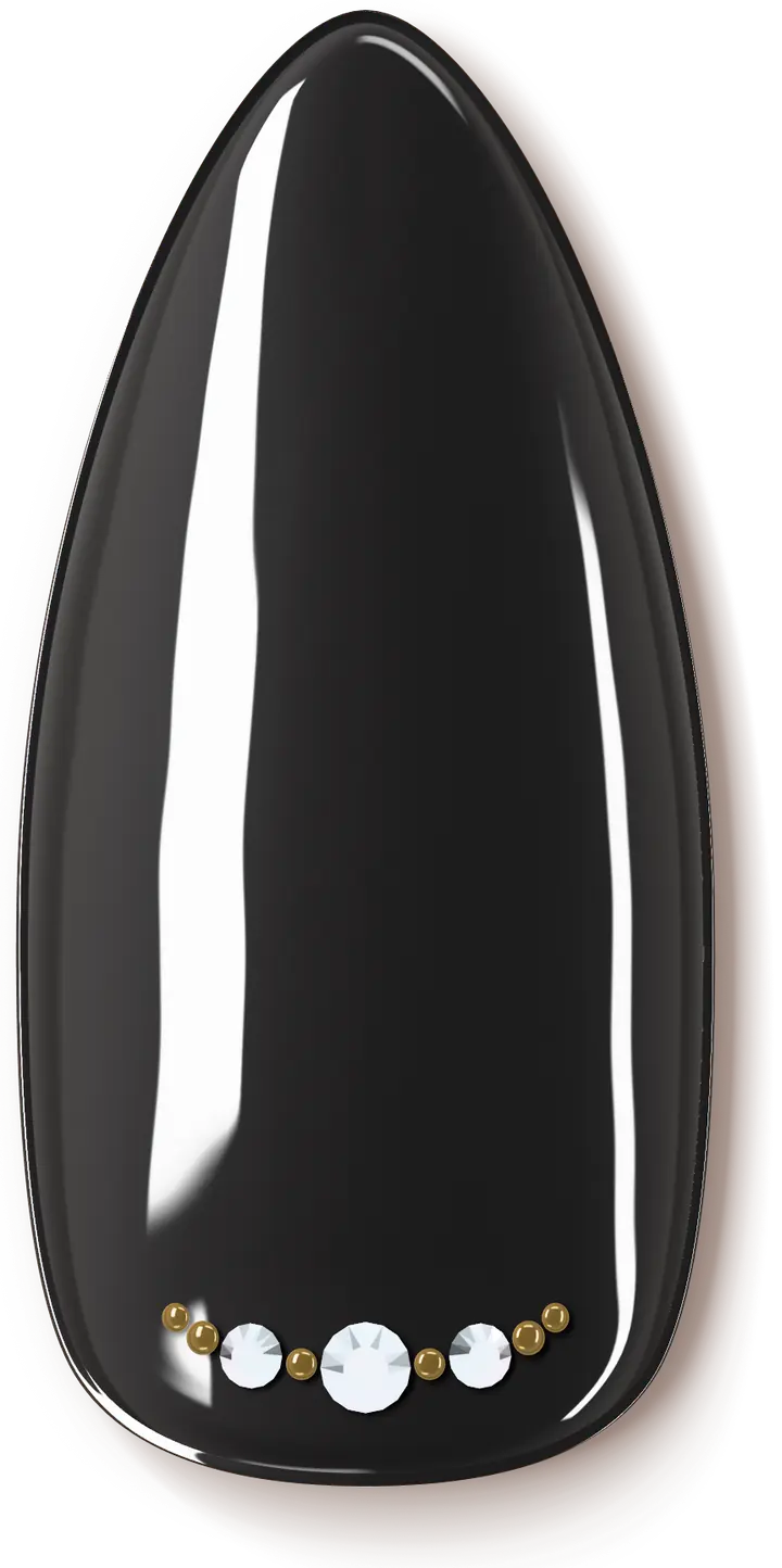 Illustration of the Crystal Cuticle nail art design: crystals and gold studs along the cuticle of a glossy black nail.