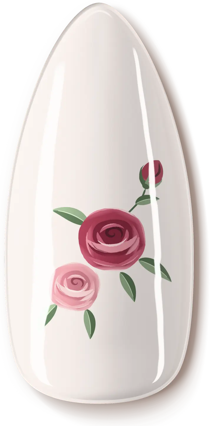 Illustration of the Hand-Painted Roses nail art design: small painted roses and leaves on a milky base.