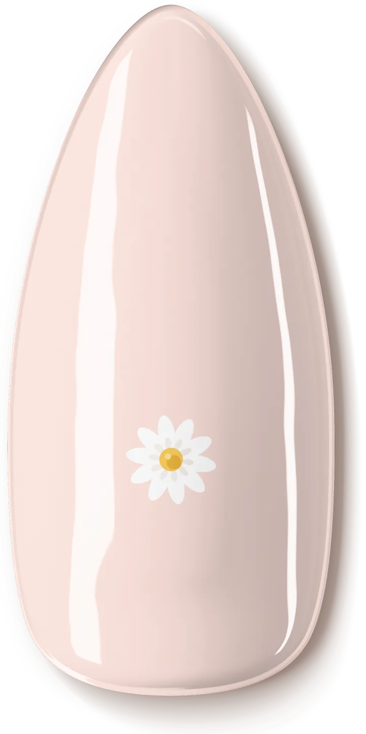 Illustration of the Mini Daisy nail art design: a single white daisy with a butter-yellow centre.