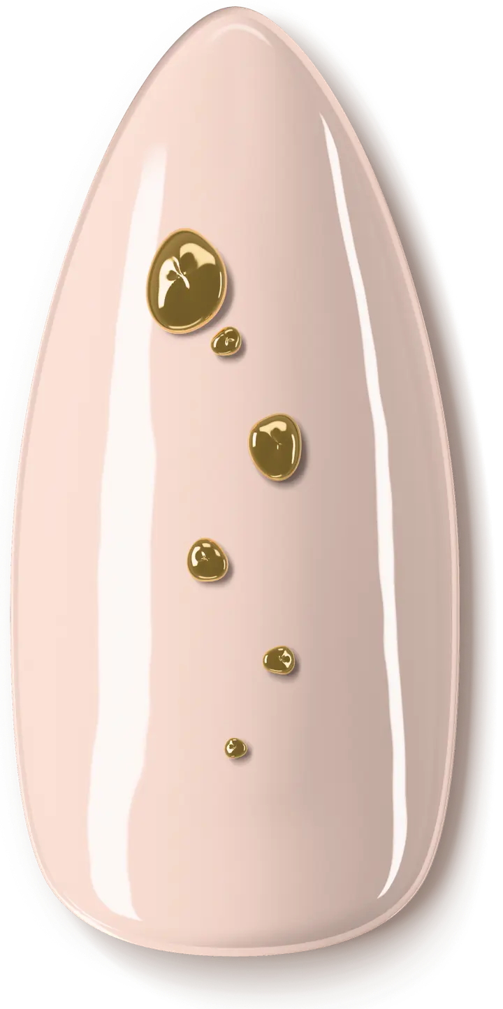 Illustration of the Molten Gold nail art design: drops of 3D gold chrome on a nude base.