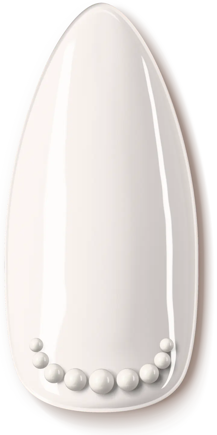 Illustration of the Pearl Studs nail art design: a crescent of pearls at the cuticle on milky white.