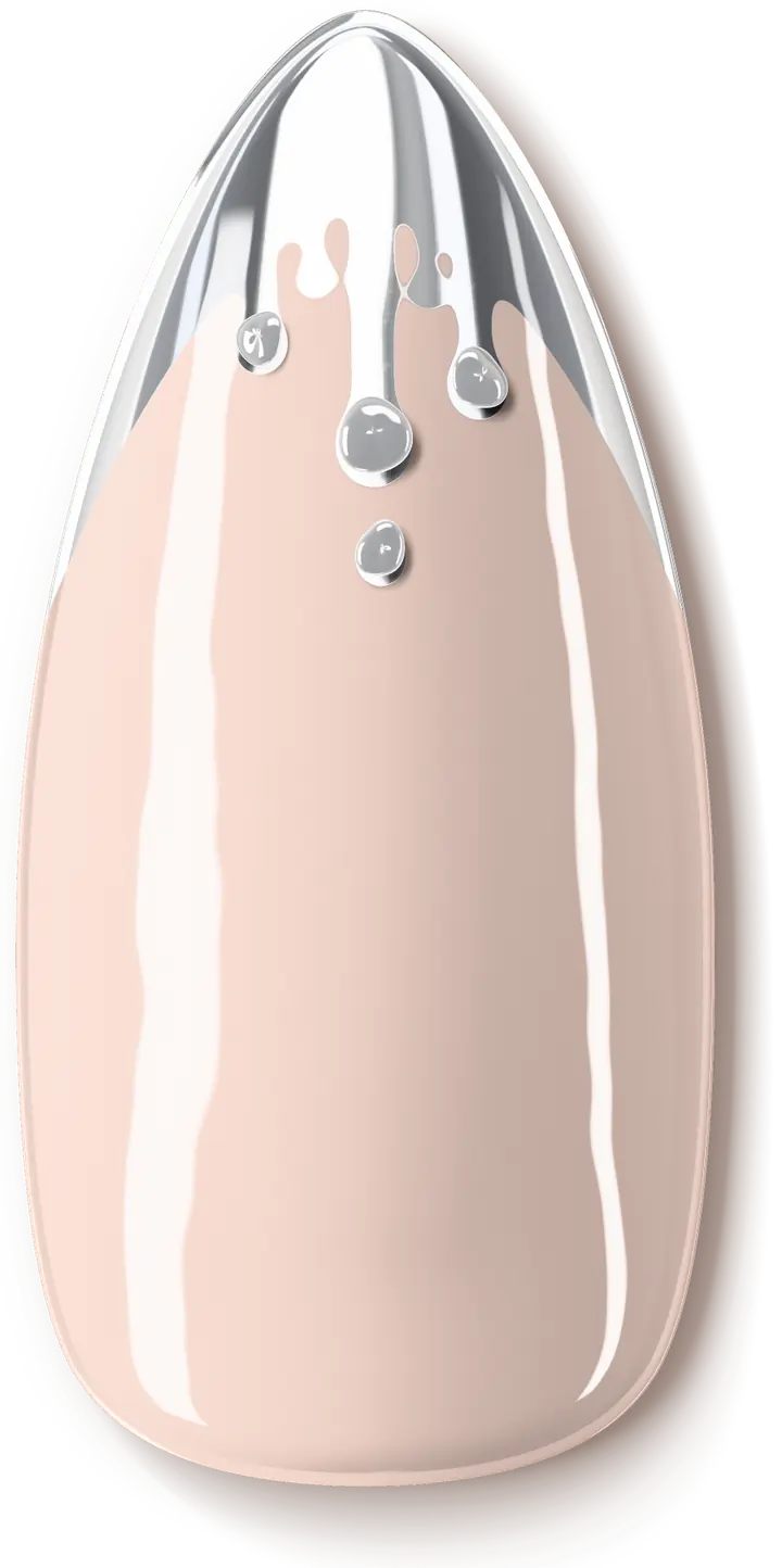 Illustration of a nail design: pale pink with silver chrome dripping from the tip