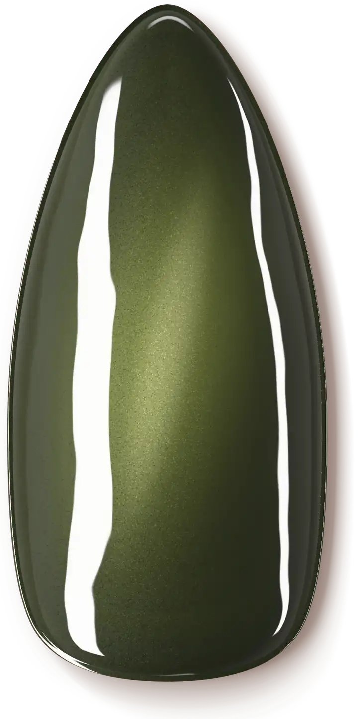 Illustration of a nail design: dark olive green with a cat-eye shimmer